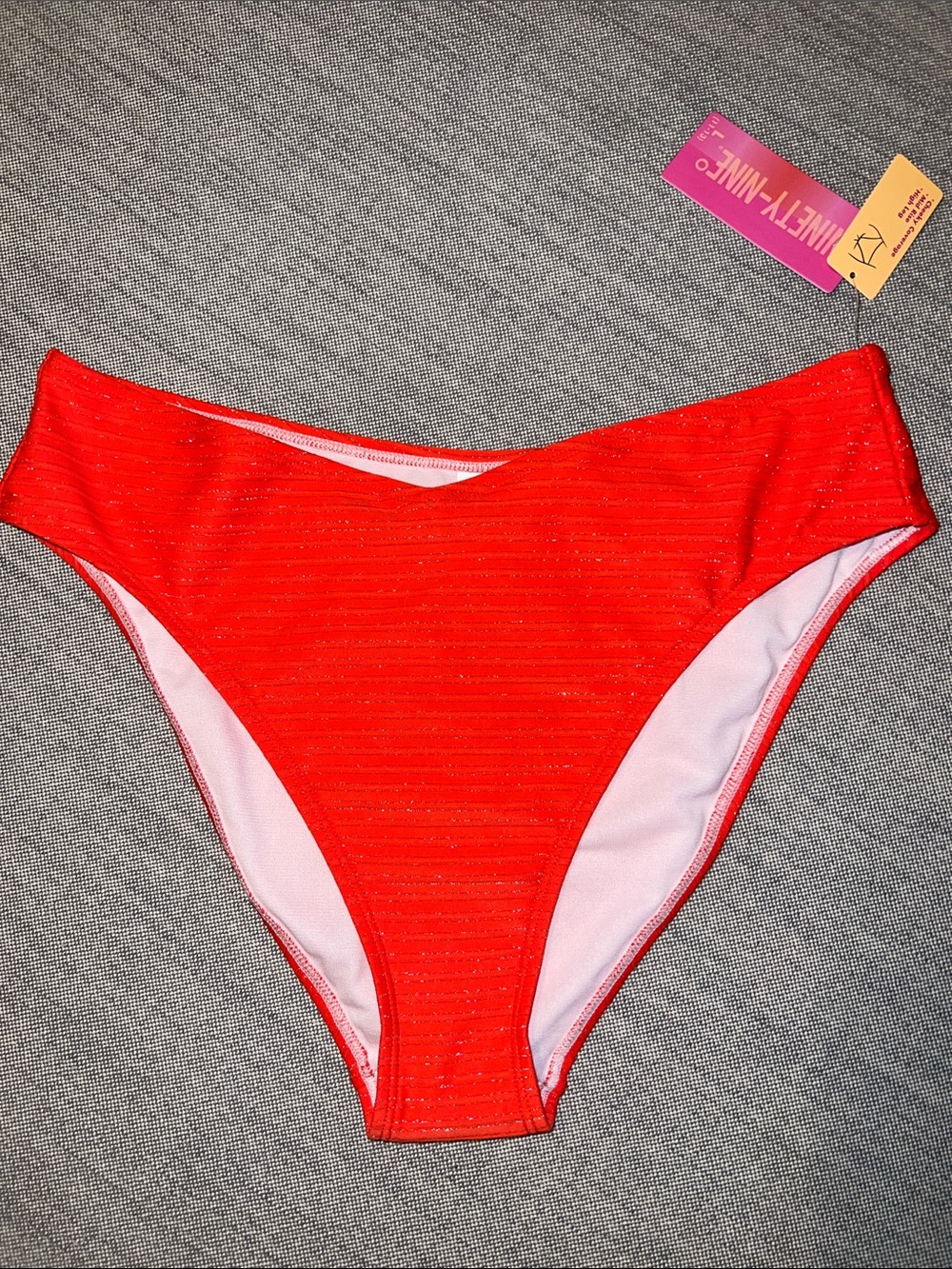 Bright Red Women's Bikini Bottom shimmer ribbed high rise Large summer swim